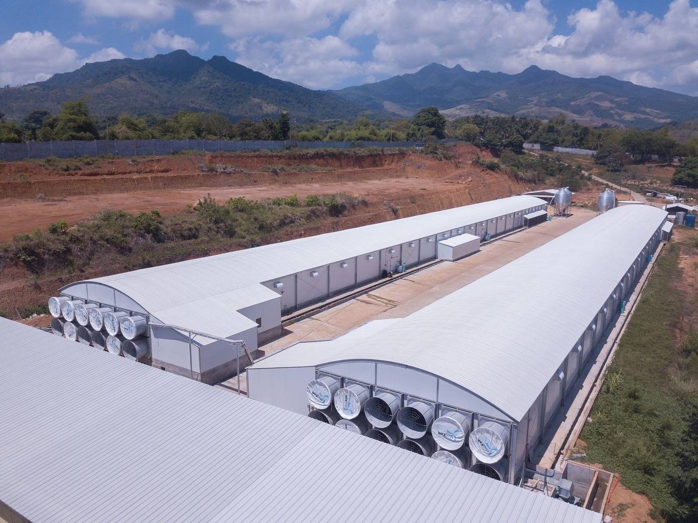 Aerial view of AFI tunnel-ventilated poultry houses with MagFan fan walls